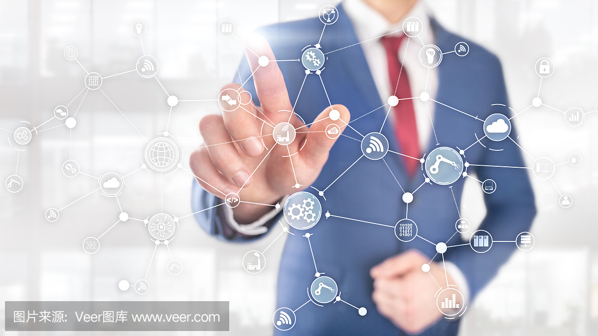 虛擬屏幕上的技術工業業務流程工作流組織結構。物聯網智能行業概念混合媒體圖。